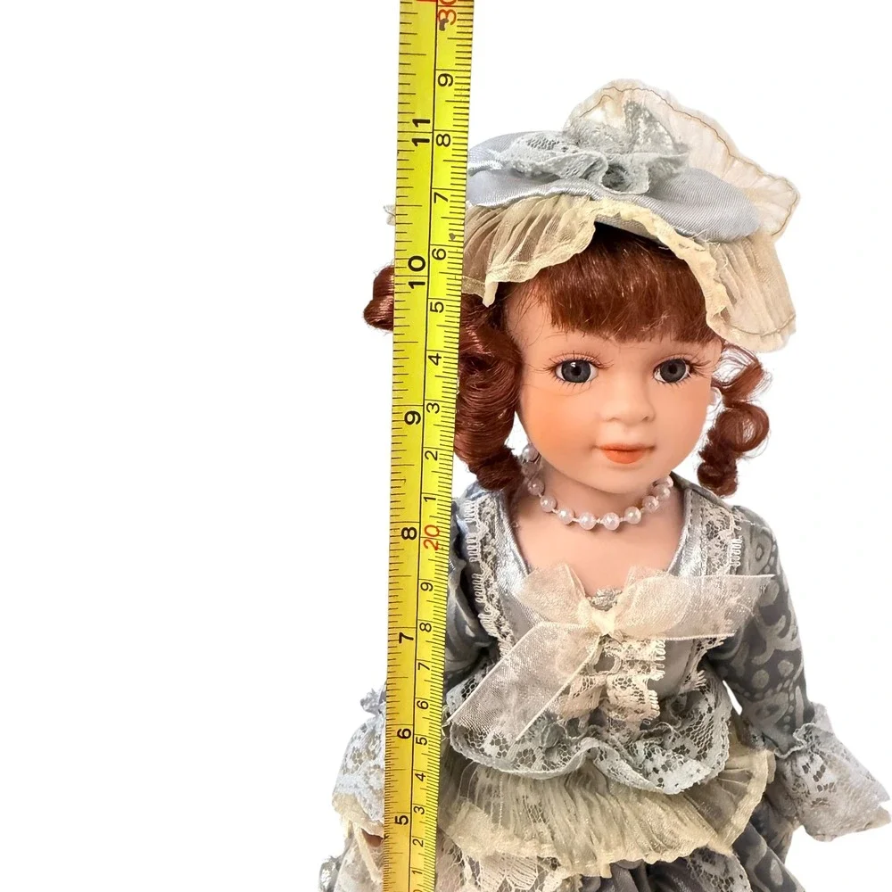 Victorian Porcelain Doll 12 Inch Blue Victorian Lace Gown Auburn Ringlets Hat